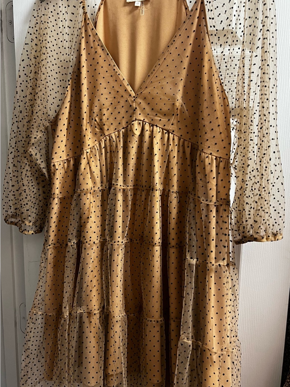 entro Mustard Polka Dot Tiered Mini Dress with Sheer Sleeves